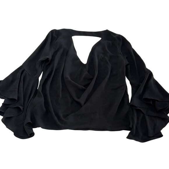 Zara Blouse Womens XS Black Ruffle Sleeve Chiffon Top Draped Back Whimsygoth‎ - Picture 2 of 7